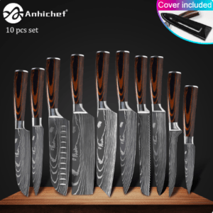 Kitchen Knives Stainless Steel 7CR17 440C Laser Damascus Japanese Santoku Cleaver Slicing Utility Chef Knife 10PCS-SET 1 Set